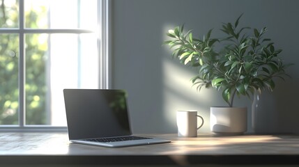 Fototapeta premium Minimalist and Efficient 3D Rendered Workspace with Laptop and Coffee