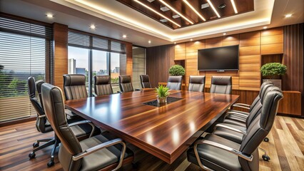 Modern conference room with sleek wooden table, leather chairs, and state-of-the-art audiovisual equipment, captured in a close-up shot with a professional ambiance.