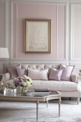 A stylish pastel living room exudes calm and sophistication. Soft hues of pink, mint, and lavender adorn the walls and furnishings, creating a serene atmosphere