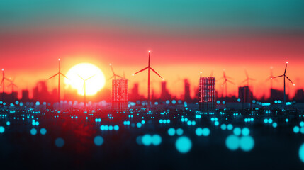 Naklejka premium A field of wind turbines with a sunset in the background