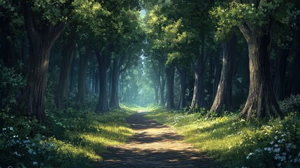 Obraz premium Sunlit Forest Path: A digital painting of a tranquil path winding through a lush, sun-dappled forest, inviting exploration and serenity.