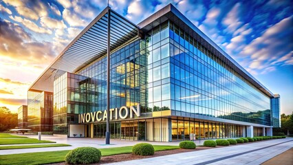 Obraz premium Modern corporate headquarters building with sleek glass architecture and large metallic signage featuring a stylized acronym logo, conveying innovation and professionalism.