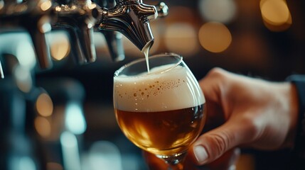 A close up of a bartender's hand carefully pouring a craft beer into a tulip glass, capturing the swirl of the liquid and the foam forming at the top