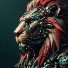 A stunning blend of technology and nature, this robot lion showcases intricate metalwork and vibrant colors, perfect for futuristic design projects and innovation themes.