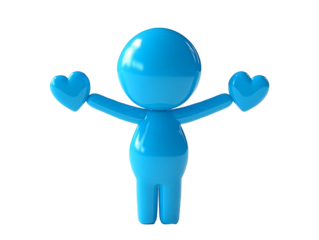a blue cartoon character with arms up and hands in the air