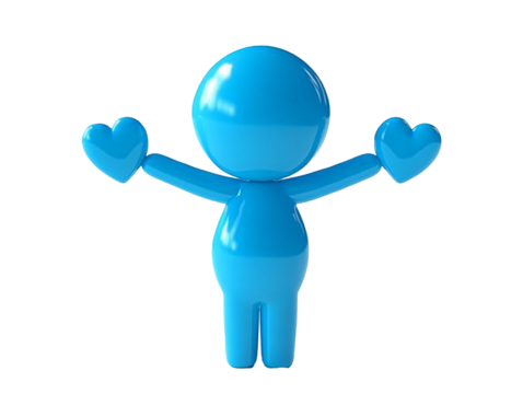 a blue cartoon character with arms up and hands in the air