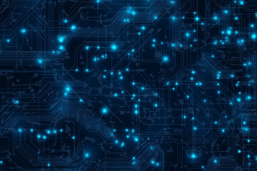 A blue and black image of a circuit board with many small squares and dots