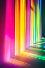 A vibrant neon light background features a spectrum of rainbow colors, including pink, yellow, and green.