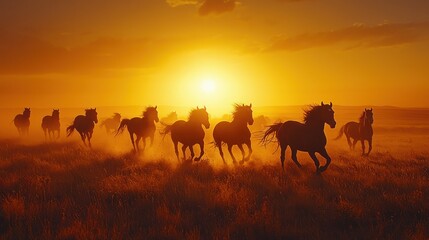 Fototapeta premium Majestic Wild Horses Galloping Freely in a Golden Sunset