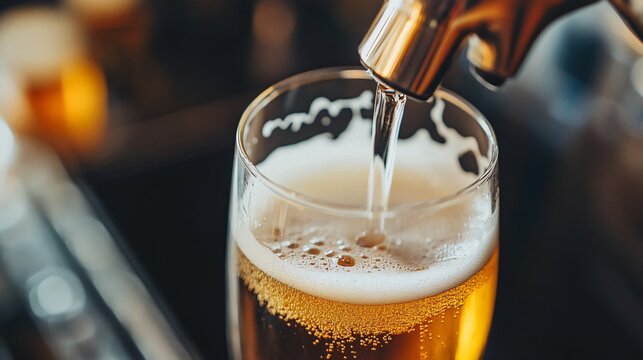 A close up of a glass of craft beer being poured from a tap, capturing the motion of the liquid and the bubbles forming as it fills the glass - Powered by Adobe