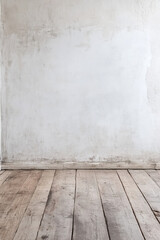 Naklejka premium A white blank concrete wall serves as a clean, neutral backdrop, while a warm wooden floor adds texture and contrast.