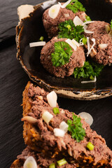 Sandwiches with homemade chicken liver pate for breakfast