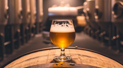 A cold glass of craft beer sitting on a wooden barrel in a brewery, with the brewing process happening in the background and a soft natural light illuminating the scene