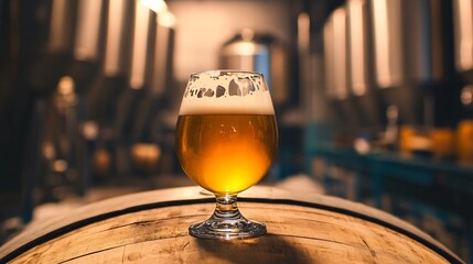 A cold glass of craft beer sitting on a wooden barrel in a brewery, with the brewing process happening in the background and a soft natural light illuminating the scene