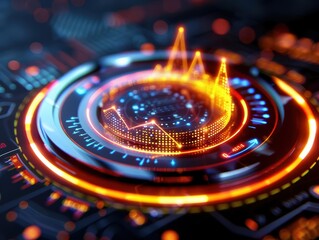 Futuristic data visualization with glowing graphs and circular elements, ideal for technology and analytics themes.