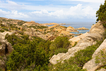 El paisaje de Cala Candeo en la Isla de Caprera, Cerdeña, muestra una densa vegetación mediterránea que se extiende entre las rocas doradas y erosionadas que descienden hacia el mar. © jocaja