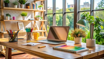 Fototapeta premium Modern creative workspace with a laptop, design books, and colorful graphic elements on a wooden desk, surrounded by inspirational notes and sketches.