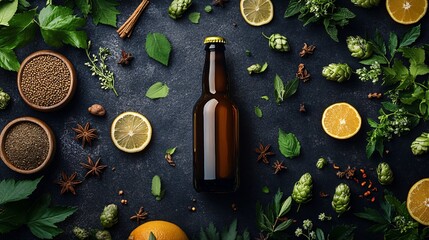 A creative composition of a craft beer bottle surrounded by fresh ingredients like hops, citrus fruits, and spices, set against a dark background