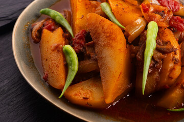 fried potatoes with paprika sauce. crispy fried patata bravas, fried potatoes with smoked paprika sauce