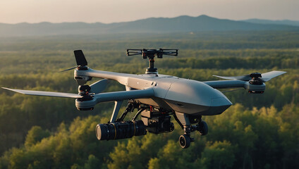 Fototapeta premium Modern military drones soaring through vibrant sunset sky