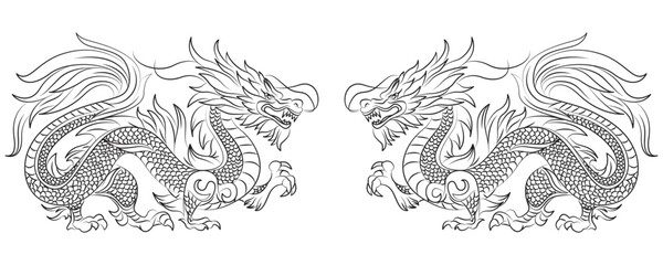 Two dragons facing each other in line art style vector illustration eps 10
