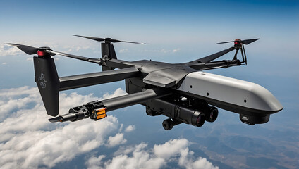 Naklejka premium Modern military drones soaring through vibrant sunset sky