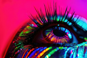Eye with makeup in holographic lighting.