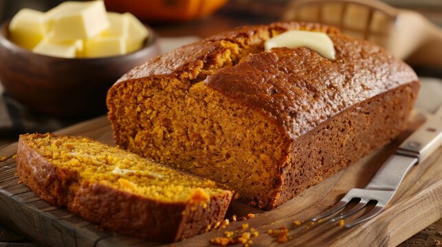 Freshly baked pumpkin bread rests on a wooden table, sliced to showcase its moist interior, topped with a pat of butter.