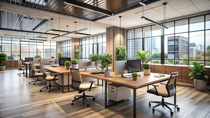 Modern empty office interior with minimalist decor, sleek desks, and ergonomic chairs, surrounded by glass partitions and a vast open floor plan layout.