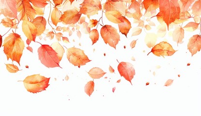 Autumn leaves on white background, simple watercolor style, simple lines, illustration, flat design, delicate details, warm color scheme, white space at the top of the screen Generative AI