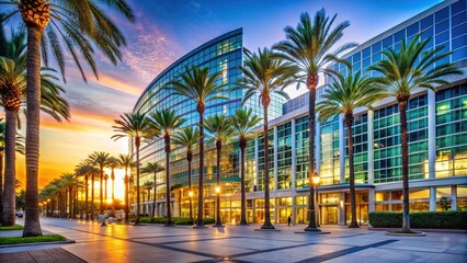 Obraz premium Modern exterior of a large convention center with a sleek glass façade and towering palm trees, situated in a vibrant orange county landscape.