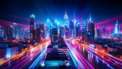 Fototapeta premium cityscape illuminated vibrant neon lights capturing energy excitement urban nightlife