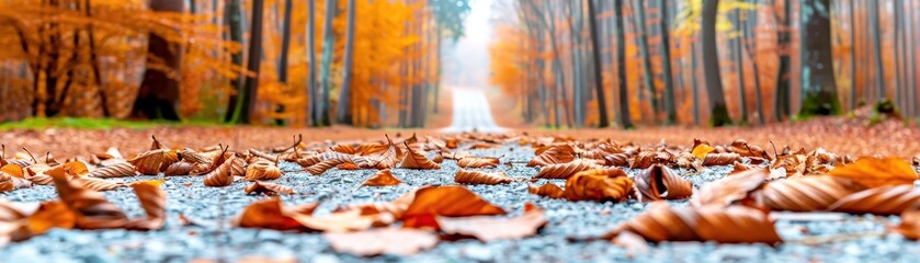 Colorful autumn leaves on a forest pathway with trees in the background, showcasing nature's vibrant fall colors and serene ambiance.