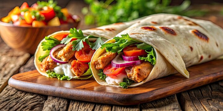 Close up of a delicious chicken kati roll, Indian, street food, roti wrap, roll, spicy, grilled chicken, traditional, snack