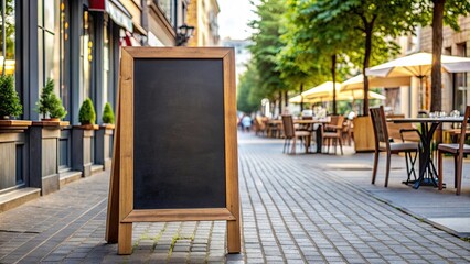 Empty sidewalk cafe chalkboard menu with blank spaces for daily specials and promotions, cafe, restaurant, sidewalk