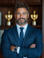 A man in a suit and tie is smiling and posing for a photo