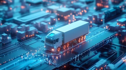 A semi-trailer truck drives through a futuristic cityscape, the road is a circuit board with glowing lights.
