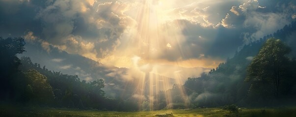 Sunbeams Breaking Through Clouds Over Forest Landscape