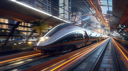 Fototapeta premium A futuristic train speeds through a city at night.