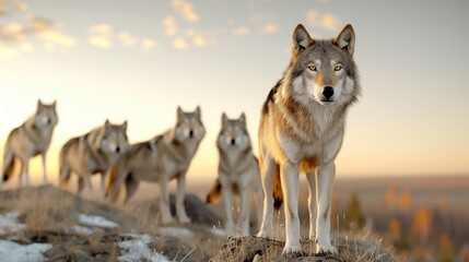 Obraz premium A pack of wolves standing on a hill during sunset, showcasing their majestic and wild nature in the serene wilderness.