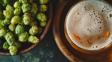 A detailed macro shot of hops in a wooden bowl, with a glass of pale ale craft beer beside it, highlighting the ingredients that contribute to the beer's flavor