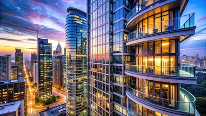 Obraz premium Modern high-rise skyscraper with sleek, curved glass facade and balconies overlooking a bustling city street at dusk with vibrant neon lights.