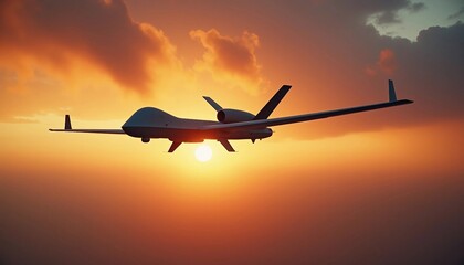 A UAV flies over a vast Middle Eastern desert, with warm landscape tones contrasting its cold metallic body, creating depth and space for text.