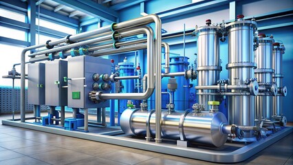 Modern hydrogen fuel cell system with pipes, valves, and gauges, illustrating clean energy production and innovative sustainable solutions for transportation and industry.