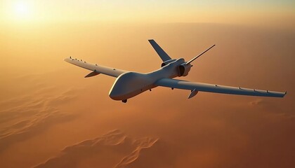 A UAV flies over a vast Middle Eastern desert, with warm landscape tones contrasting its cold metallic body, creating depth and space for text.