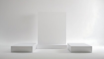 Empty gallery interior with circle podium, columns and inclined walls. Modern building corridor, museum hall with white round platform and pillars,14