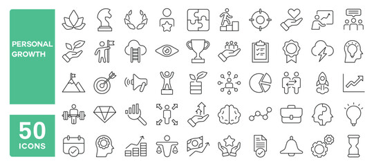 Set of 50 line icons related to personal growth, success, growth, skill, improvement, empathy, strategy, vision, responsibility, Editable stroke. Vector illustration
