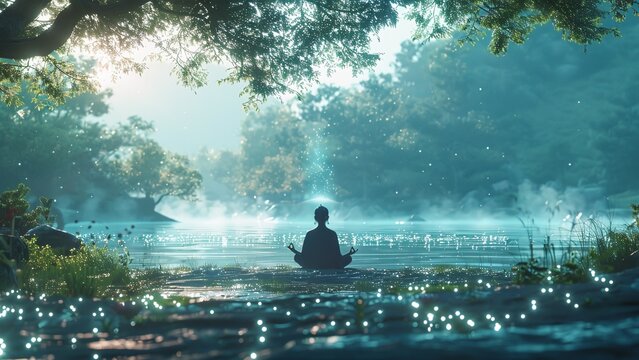 Yoga Practitioner in Meditative Pose with Visible Radiant Sushumna Energy Ascending from Spine in a Serene Landscape
