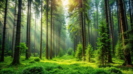 Naklejka premium Untouched beauty of a dense forest, green, trees, nature, wilderness, serenity, tranquility, lush, foliage, moss, peaceful