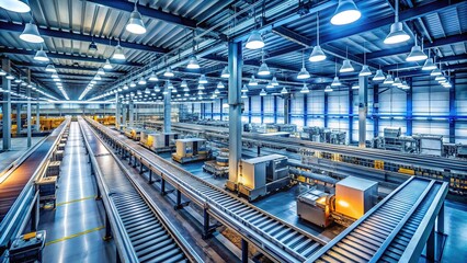 Fototapeta premium Modern industrial facility with rows of machinery and conveyor belts, illuminated by bright overhead lights, symbolizing innovation and mass production efficiency.